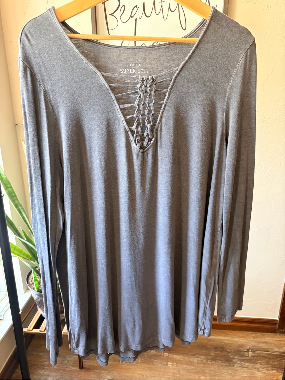 torrid Gray Super Soft Long Sleeve V-Neck Top with Braided Detail